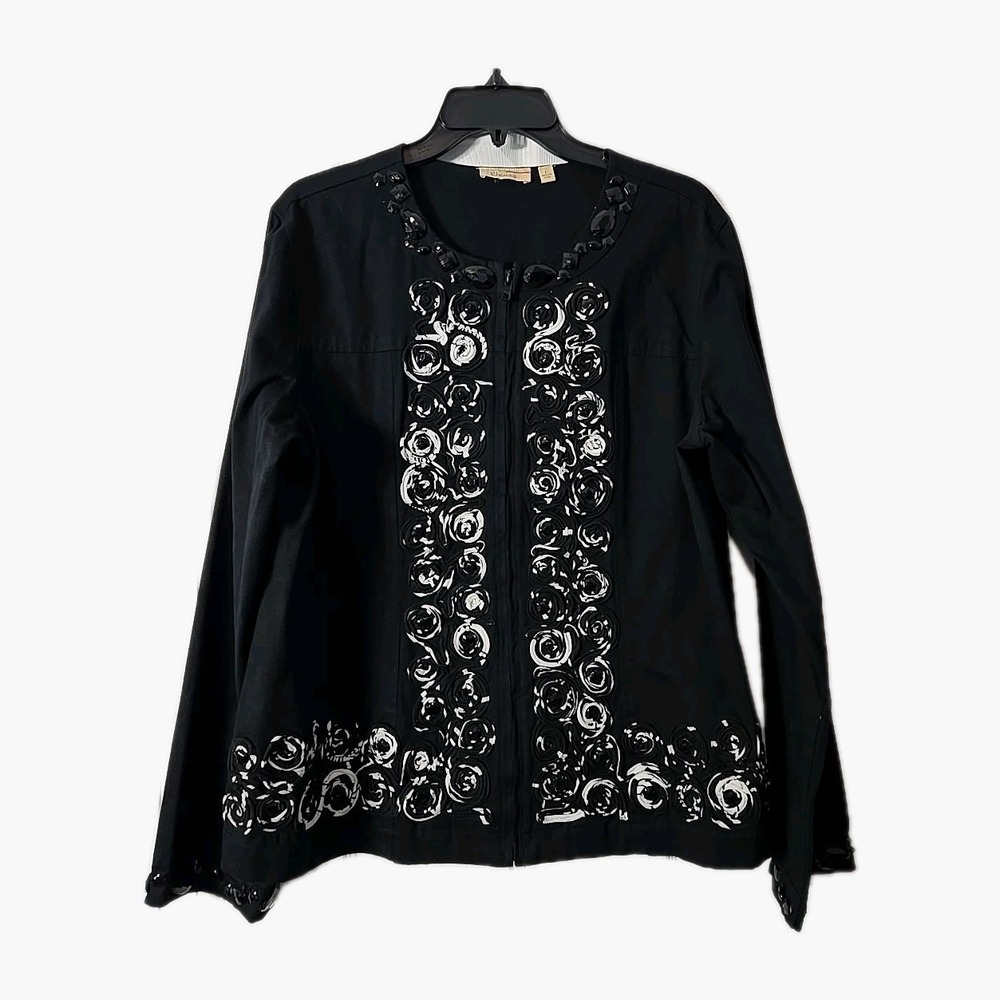 Choices Womans Black Denim Jacket With Beads & Florial Design Zipup Size Large
